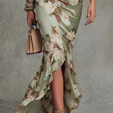 Vestido Largo Floral en Satén con Escote en V y Manga Volante