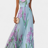 Vestido Largo Plisado con Estampado Floral y Escote Cuadrado
