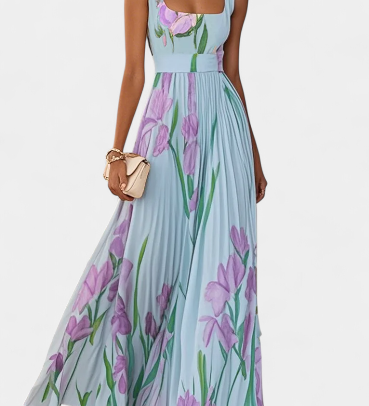 Vestido Largo Plisado con Estampado Floral y Escote Cuadrado