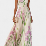 Vestido Largo Plisado con Estampado Floral y Escote Cuadrado