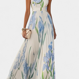 Vestido Largo Plisado con Estampado Floral y Escote Cuadrado