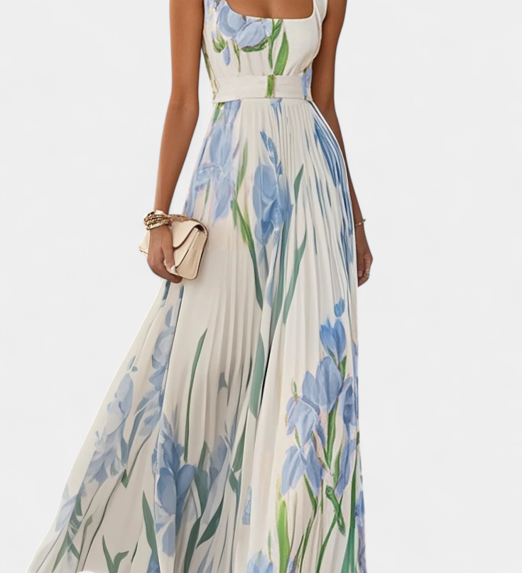 Vestido Largo Plisado con Estampado Floral y Escote Cuadrado