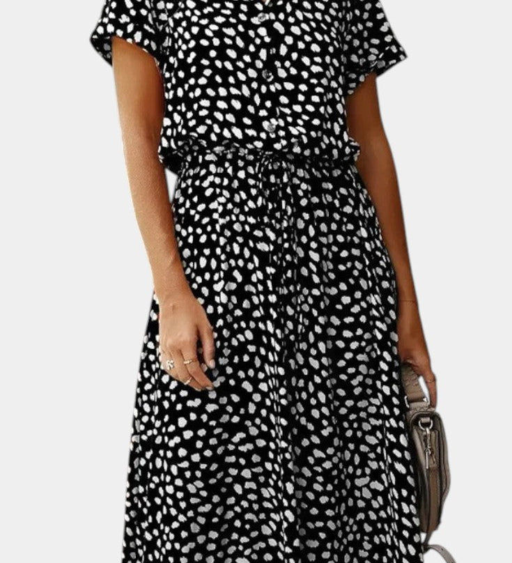 Vestido Midi de Lunares con Cuello Camisero y Cintura Ajustable