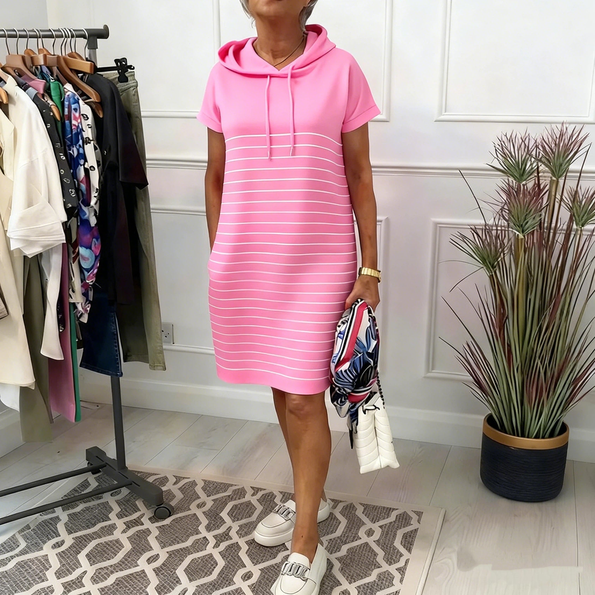 Vestido Casual con Capucha y Rayas de Punto