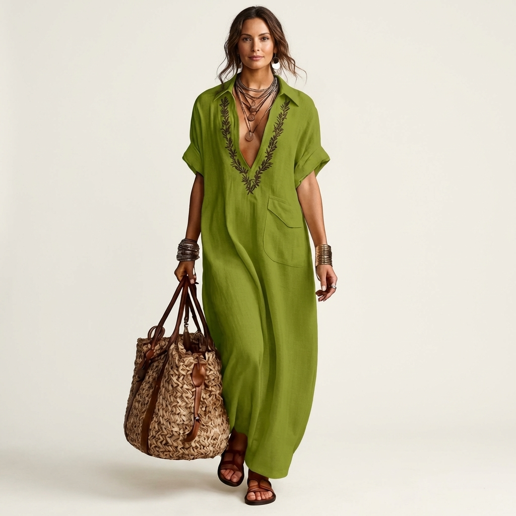 Vestido maxi de lino con bordado