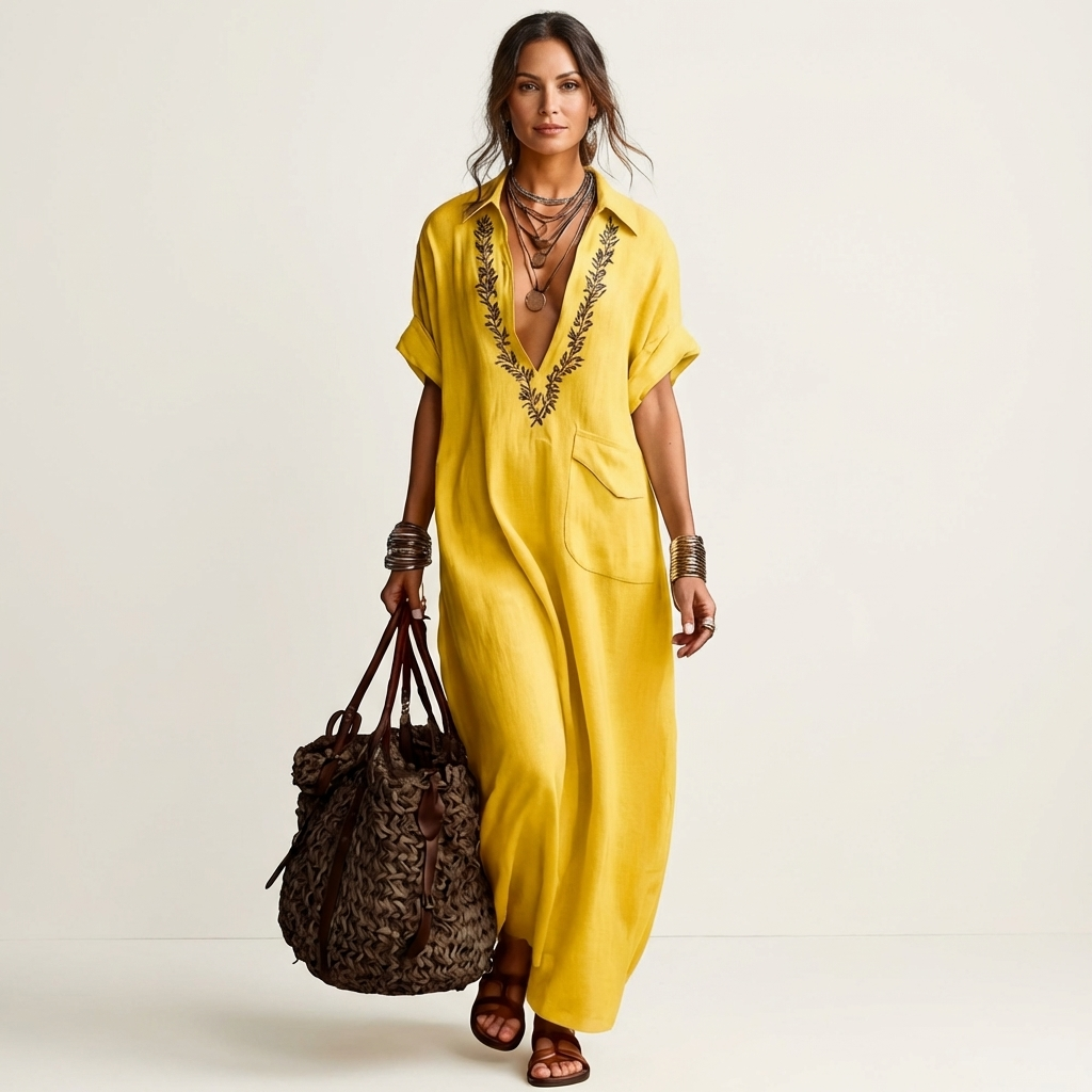 Vestido maxi de lino con bordado