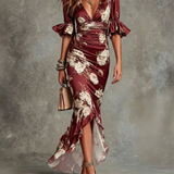 Vestido Largo Floral en Satén con Escote en V y Manga Volante
