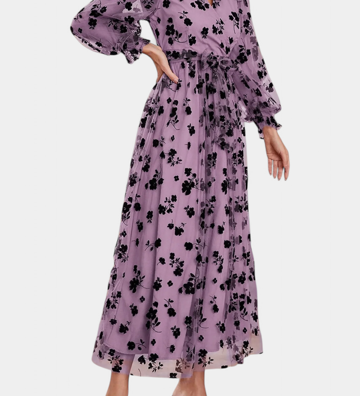 Vestido Maxi de Encaje Floral con Mangas de Linterna