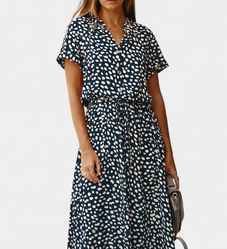 Vestido Midi de Lunares con Cuello Camisero y Cintura Ajustable