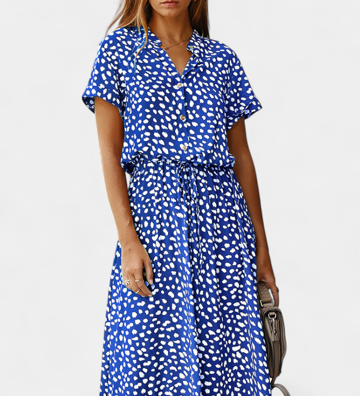 Vestido Midi de Lunares con Cuello Camisero y Cintura Ajustable