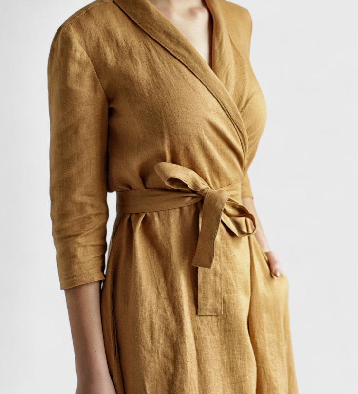 Vestido Midi Vintage de Algodón y Lino con Cuello de Solapa