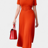 Vestido Midi de Trabajo con Cinturón y Plisados