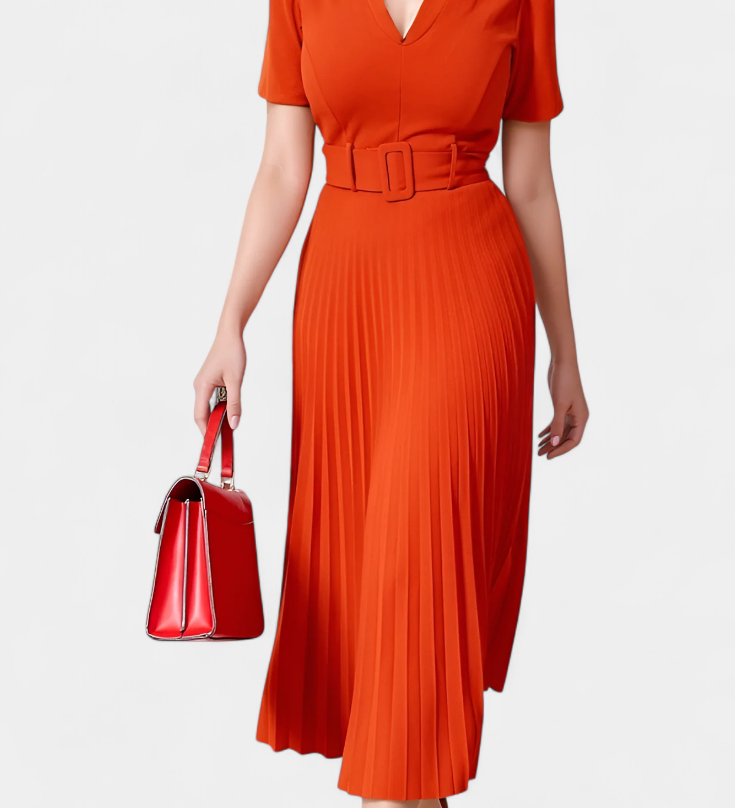 Vestido Midi de Trabajo con Cinturón y Plisados