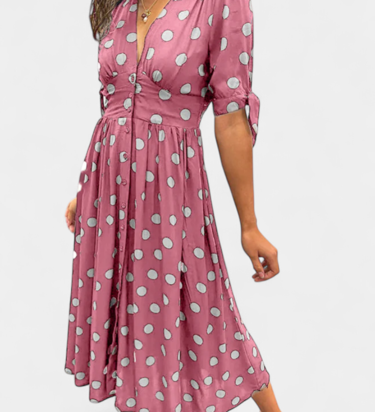 Vestido Midi de Lunares con Escote en V Profundo