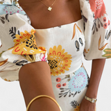 Vestido Midi de Algodón con Estampado Floral y Manga Abullonada