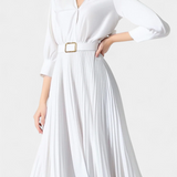 Vestido Midi con Cuello Sastrero y Cinturón Plisado