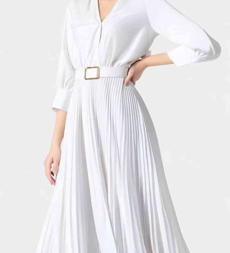 Vestido Midi con Cuello Sastrero y Cinturón Plisado