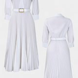Vestido Midi con Cuello Sastrero y Cinturón Plisado