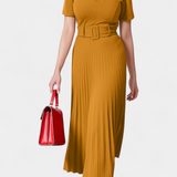 Vestido Midi de Trabajo con Cinturón y Plisados