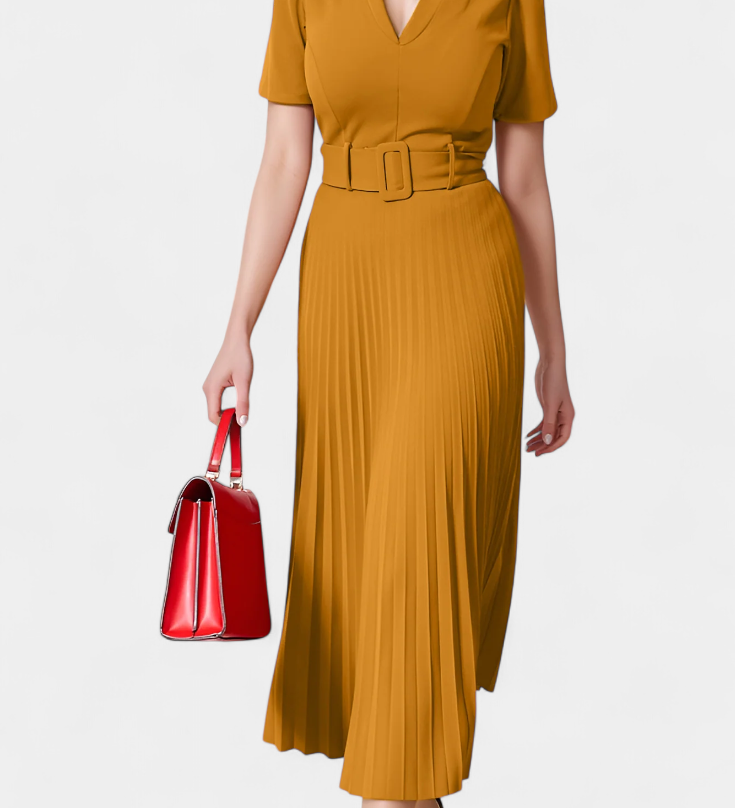 Vestido Midi de Trabajo con Cinturón y Plisados