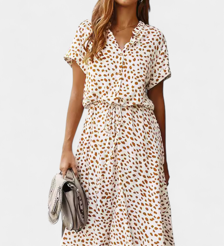 Vestido Midi de Lunares con Cuello Camisero y Cintura Ajustable