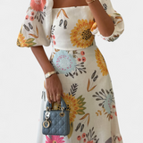 Vestido Midi de Algodón con Estampado Floral y Manga Abullonada