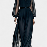 Vestido Maxi de Gasa Plisada con Transparencias