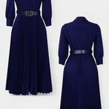 Vestido Midi con Cuello Sastrero y Cinturón Plisado