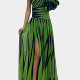 Vestido Maxi Elegante de Rayas con un Solo Hombro