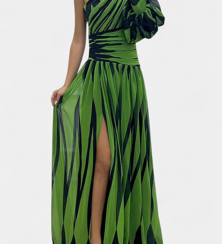 Vestido Maxi Elegante de Rayas con un Solo Hombro