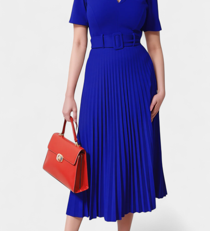 Vestido Midi de Trabajo con Cinturón y Plisados