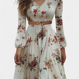 Vestido Maxi Floral con Cuello en V y Mangas Largas