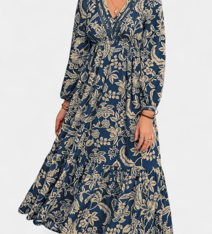 Vestido Maxi Bohemio con Estampado Floral y Mangas Farol