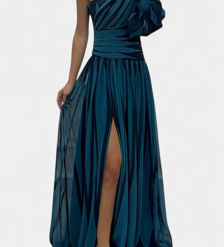 Vestido Maxi Elegante de Rayas con un Solo Hombro