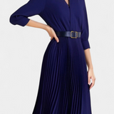 Vestido Midi con Cuello Sastrero y Cinturón Plisado
