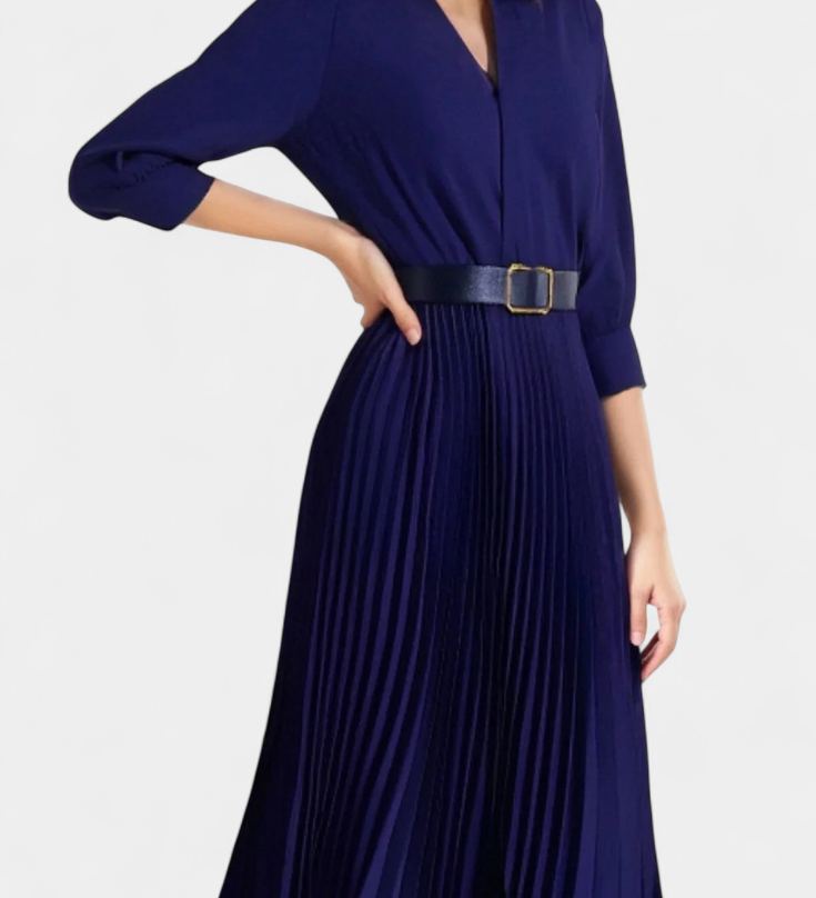 Vestido Midi con Cuello Sastrero y Cinturón Plisado