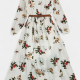 Vestido Maxi Floral con Cuello en V y Mangas Largas