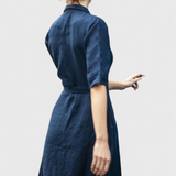 Vestido Midi Vintage de Algodón y Lino con Cuello de Solapa