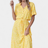 Vestido Midi de Lunares con Cuello Camisero y Cintura Ajustable