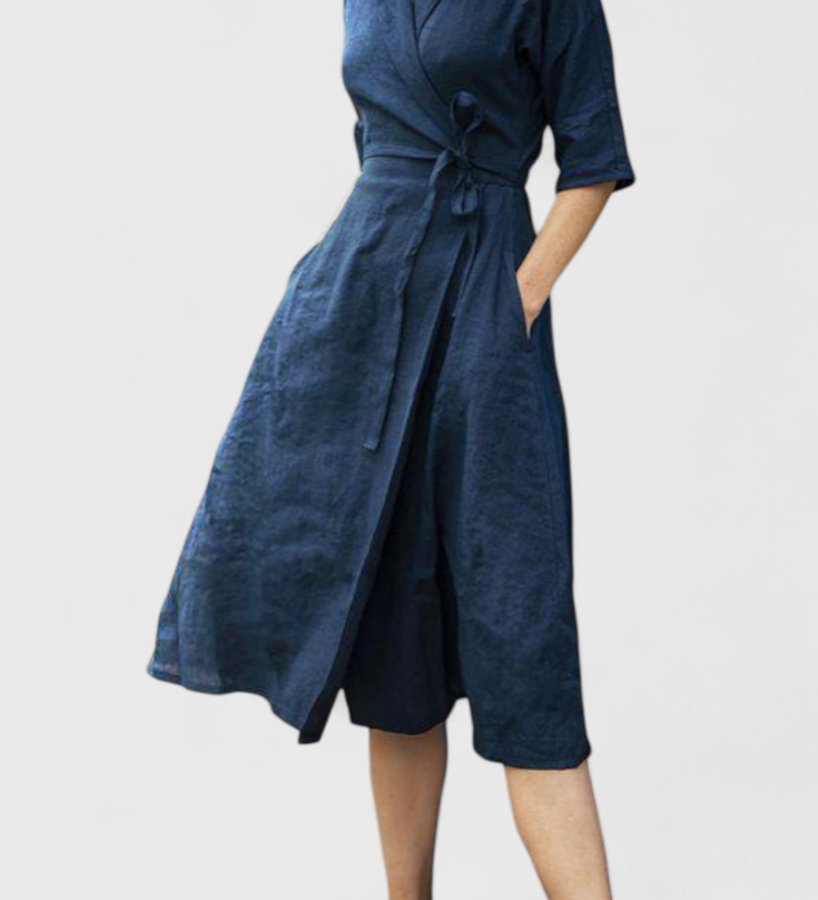 Vestido Midi Vintage de Algodón y Lino con Cuello de Solapa