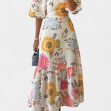 Vestido Midi de Algodón con Estampado Floral y Manga Abullonada