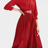 Vestido Midi con Cuello Sastrero y Cinturón Plisado