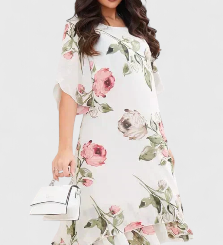 Vestido de Gasa Fluida con Pétalos y Mangas Transparentes