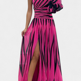 Vestido Maxi Elegante de Rayas con un Solo Hombro