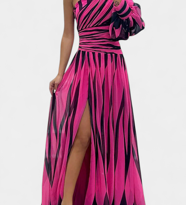Vestido Maxi Elegante de Rayas con un Solo Hombro