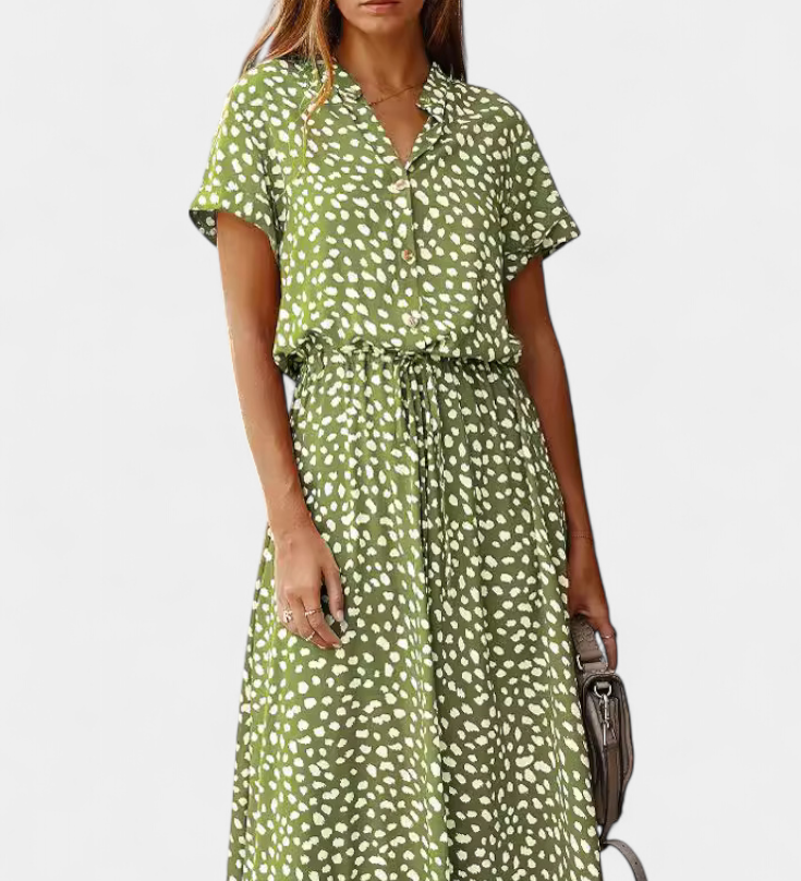 Vestido Midi de Lunares con Cuello Camisero y Cintura Ajustable