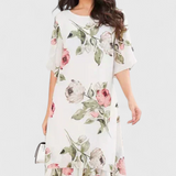 Vestido de Gasa Fluida con Pétalos y Mangas Transparentes