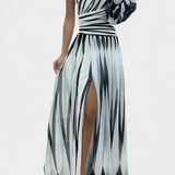 Vestido Maxi Elegante de Rayas con un Solo Hombro