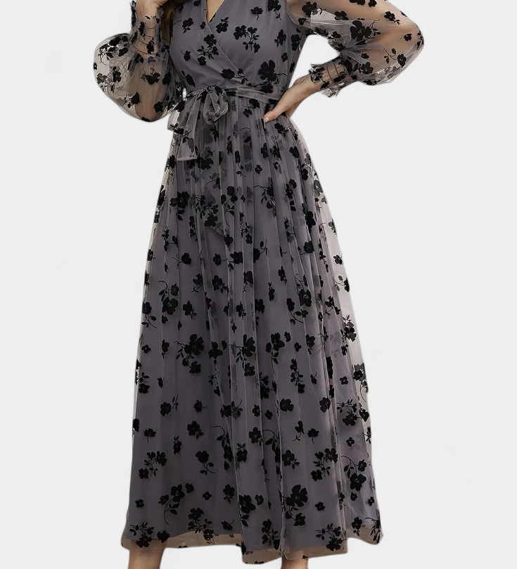 Vestido Maxi de Encaje Floral con Mangas de Linterna
