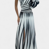 Vestido Maxi Elegante de Rayas con un Solo Hombro